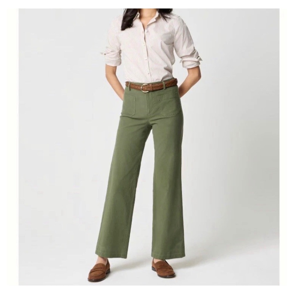 J Crew Lizzie Wide Leg Pants Linen Cotton Olive Green Womens 25 Patch Pockets